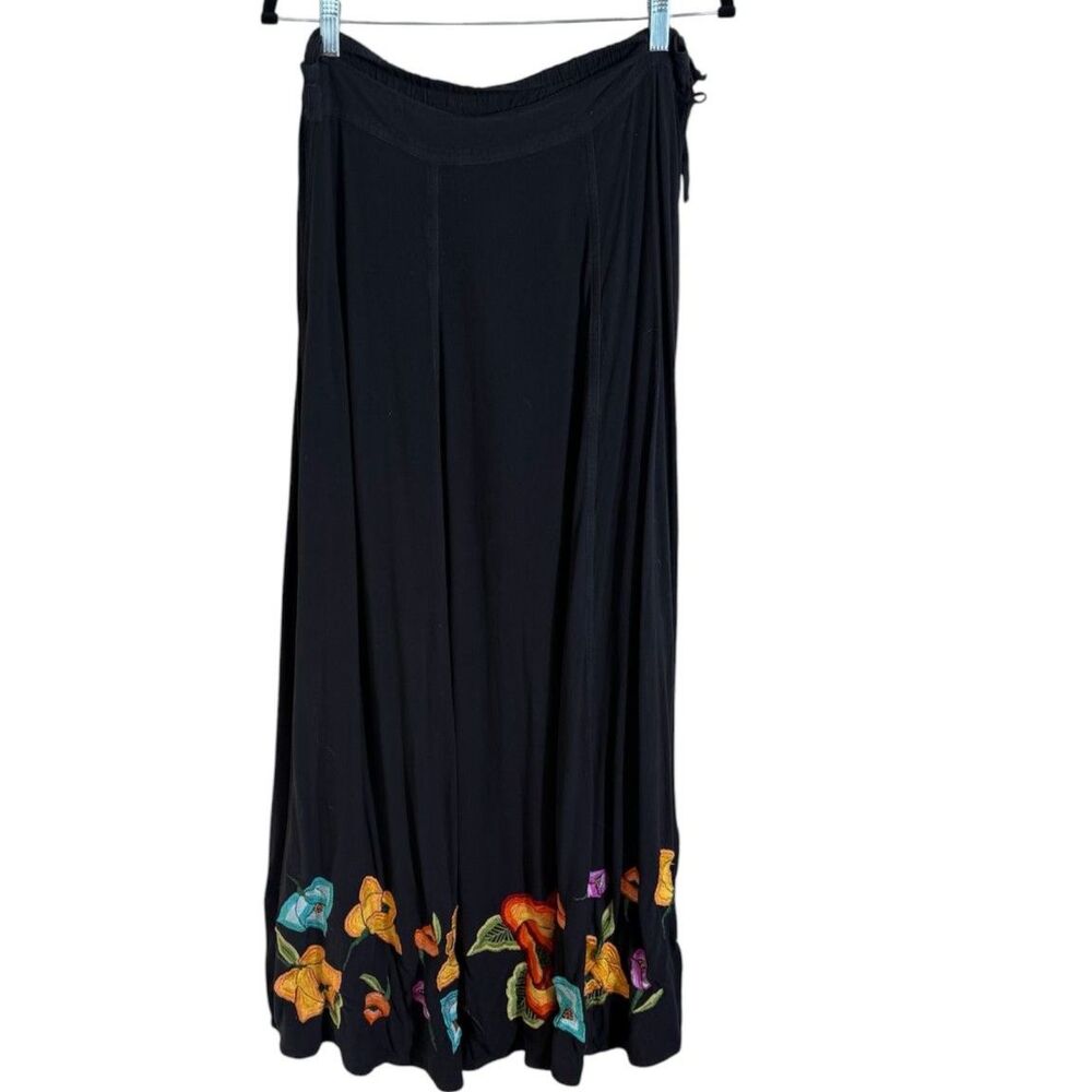 Vintage Soft Surroundings Black Floral Embroidered Hem Maxi Skirt Size Large